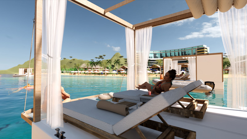 Relaxing on a Floating Lounge at a luxury beach resort, with clear blue water, sun loungers, and scenic tropical views.