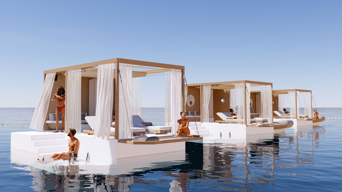 A row of Floating Lounges on calm blue water, with people relaxing and enjoying the luxurious waterfront leisure experience.