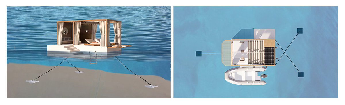 Diagram showing the installation and mooring system of a Floating Lounge, including anchor points and top-down view with a small boat.